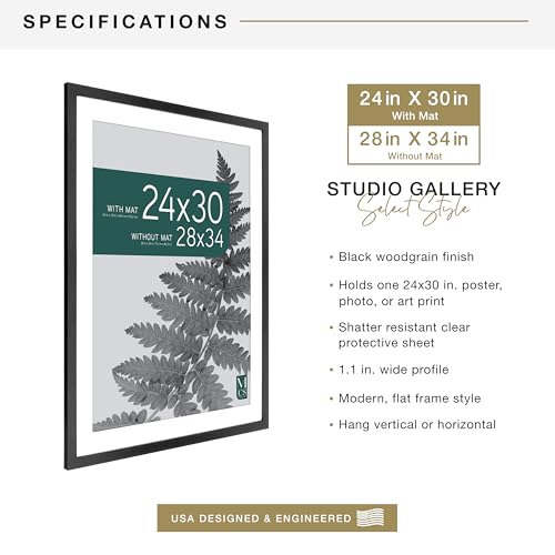 MCS Studio Gallery 28x34 Matted Poster Frame with 24x30 Picture Display, Black Woodgrain Vertical & Horizontal Wall Hanging Large Picture Frame for Photos, Posters & Art Prints (1-Pack)