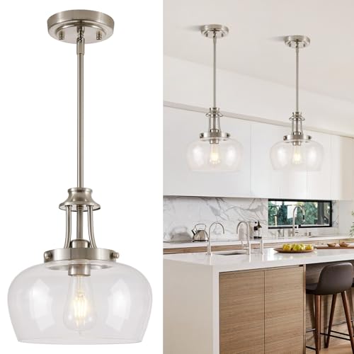 Image of Modern Pendant Lights Kitchen Island, Brushed Nickel Pendant Light Fixtures with 10 inch Clear Glass Shade, Industrial Hanging Pendant Lights Fixture for Kitchen Island Dining Room Bedroom Foyer Entryway