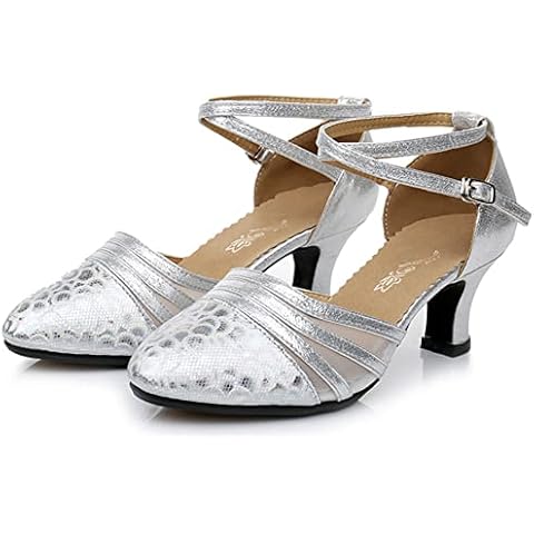 Womens Court Shoes Pointed Mid Low Heel Ankle Strap Pumps Dance Shoes Women Ballroom Latin Tango Rumba Dance Shoes (Silver, Numeric_4) Cover
