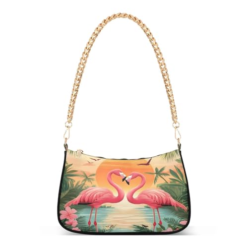 Tropical Two Pink Flamingos Shoulder Handbags for Women Travel Hobo Tote Handbag Women Gold Chain Shoulder Bags Purse with Zipper Closure