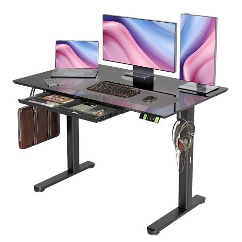 Image of INNOVAR Glass Standing Desk with Drawers 48x24 Inch Black