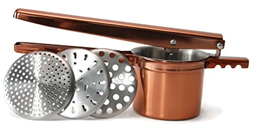 COPPER POTATO MASHER, RICER With Stainless Steel Core ● Commercial Grade Food Purée & Strainer ● BONUS 3 Large Interchangeable Discs ● Great Addition For Your Kitchen