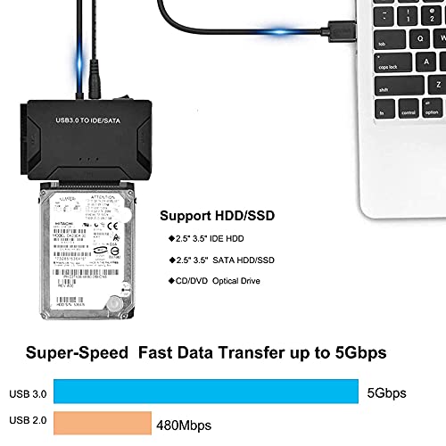 Eyoold Usb 3.0 To Ide/Sata Hard Drive Adapter, External Converter For 2.5" 3.5" Ide Sata Hdd Ssd Dvd Optical Drive, Universal Hard Drive Reader W/12V 2A Power Supply Support 6Tb #TOP3