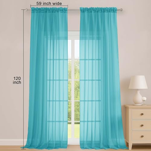 Image of OWENIE Turquoise Sheer Curtains 120 Inches Long 2 Panels Set, Airy Lightweight Sheer Turquoise Curtain for Living Room Bedroom, Farmhouse Voile Filmy Rod Pocket Curtains Drapes, 2 Pcs, Each 59 inchWx120 inchL