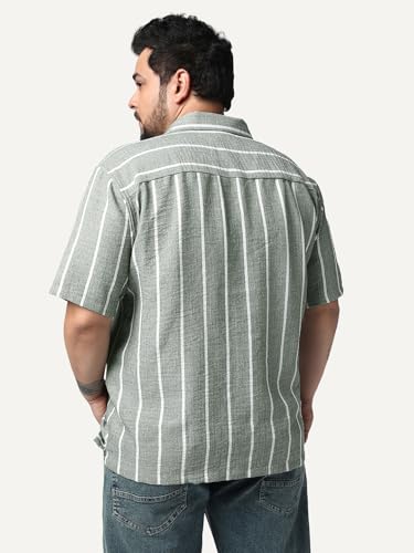 Image of Urbano Plus Men's Cotton Half Sleeve Relaxed Fit Linen Striped Shirt with Cuban Collar