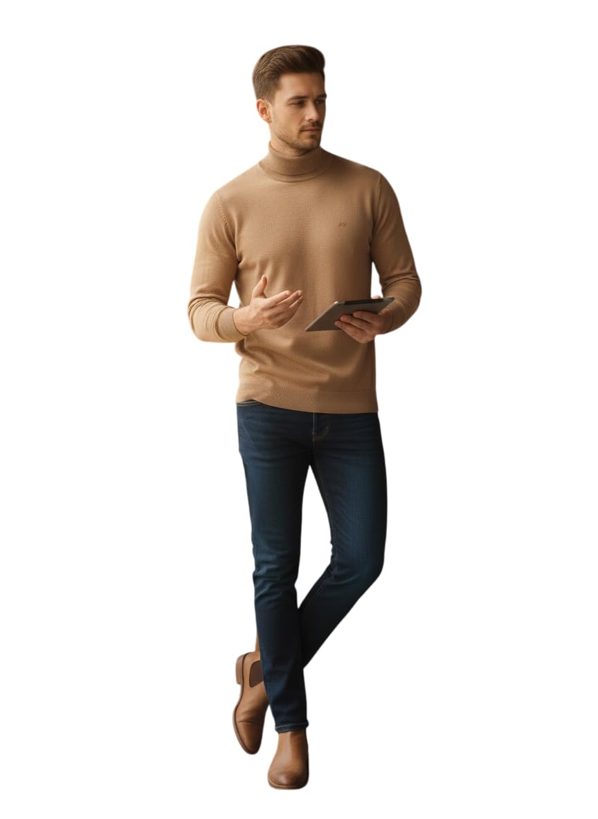 Classic Men's Mock Neck Sweater, Beige Knit Pullover, Long Sleeve Fitted Style, Fine Ribbed Design-picture-31