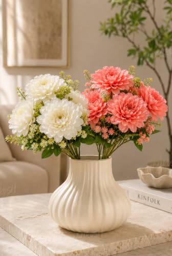 Image of Divyakosh Artificial Flower Bunch Set of 2 (Vase Not Included) | White + Coral Peach| 8 Large Flowers, 8 Filler Stems | 35 cm Decorative Artificial Flowers for Home, Living Room & Table Decor
