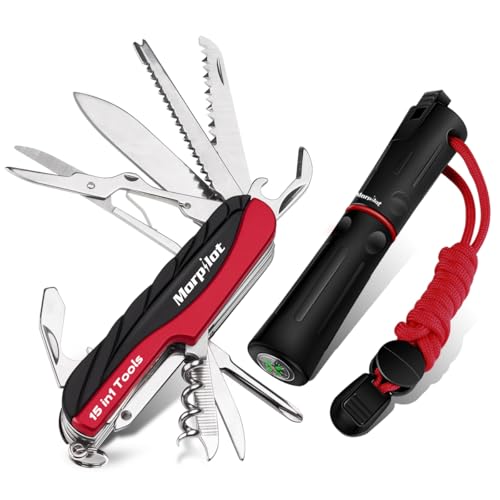 morpilot Navaja Multiusos, Herramienta Multifuncional, 15 Funciones, Hoja, Abrelatas, Abrebotellas, Tijeras, Sierra para Madera, para Doméstico, Escalada, Camping, Turismo, con Silbato y Brújula
