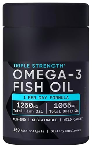 Sports Omega-3 Fish Oil, Triple Strength, (150 Counts) Burp-Less Formula, 1250 mg Fish Oil, 1055mg Omega 3, 1 Softgel per Day