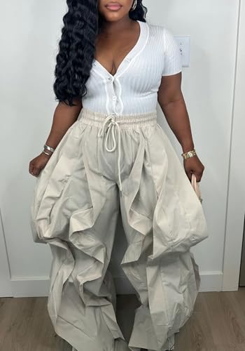 Image of Lucuna Women Balloon Pants Ruffle Fringe Drawstring High Waist Wide Leg Baggy Joggers Parachute Pants