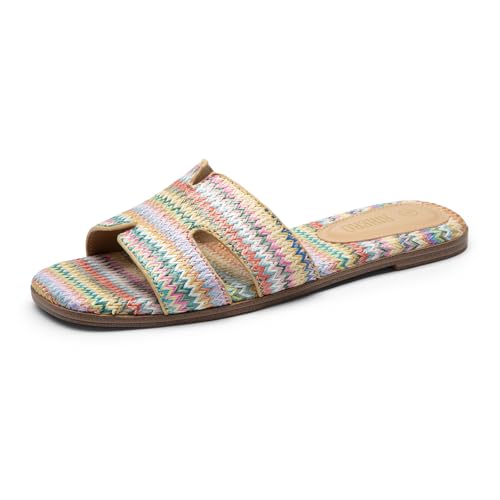 Rihero Women's Raffia Flat Sandals Dressy Summer Slip On Square Open Toe Slide Sandals for Beach Travel Multi Raffia Size 8