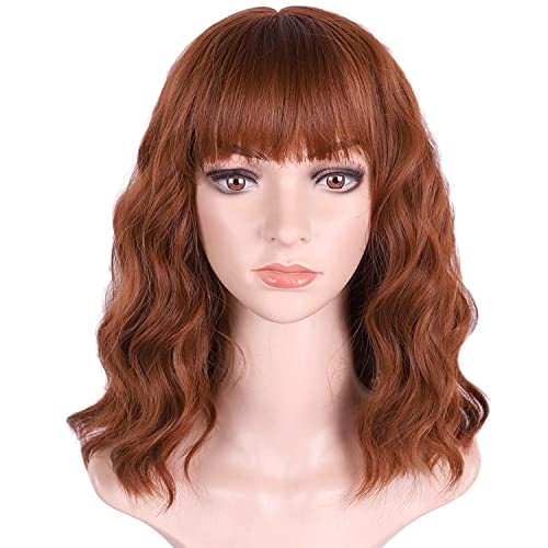 ColorfulPanda 14 Inch Short Curly Red Brown Copper Ginger Bob Wigs for Women Natural Synthetic Wave Hair Wigs with Fringe Bangs Daily Party wig Auburn Blonde - Image 4