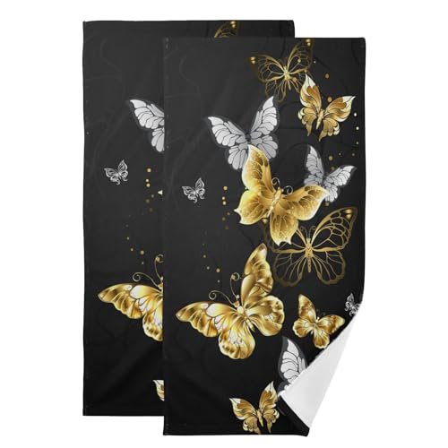 susiyo Set of 2 Hand Towels Gold White Butterflies Black Bath Towels Soft Absorbent Guest Face Towel Kitchen Dish Towel Beach Towels Spa Home Bathroom Decorations