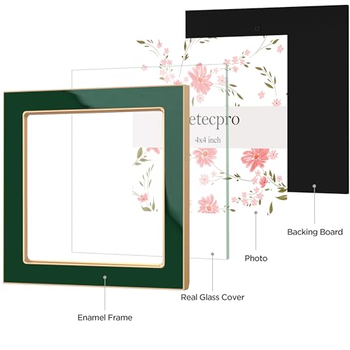 Image of eletecpro 4x4 Enamel Picture Frame with Real Glass Cover, Square Photo Frame with Gold Metal Edge Display Pictures 4 by 4 for Tabletop and Wall Decor, Green, 1 Pack