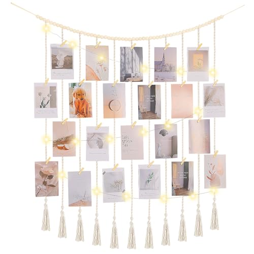 Poefditev Macrame Hanging Photo Display Boho Wall Decor with String Lights Wooden Beads Garland Picture Frame Collage Holder with 45 Clips for Room, Bedroom, Dorm, Christmas Teenage Teen Girl Gifts (Beige, Large)