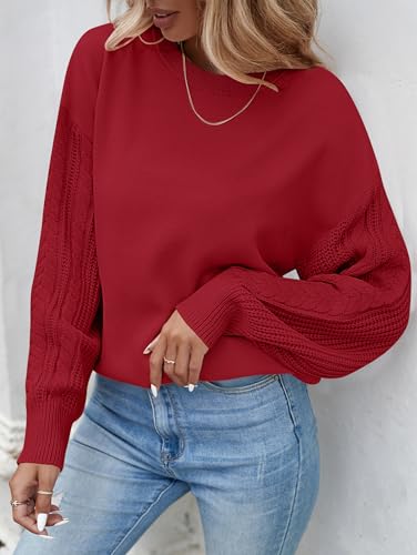 ZESICA Women's 2025 Fall Long Sleeve Crew Neck Solid Color Cable Knit Chunky Casual Oversized Pullover Sweater Tops Red XX-Large — view 3
