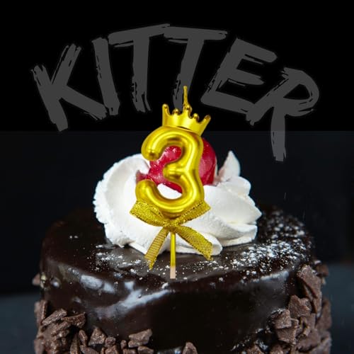 Image of KITTER 1 Pc 3 Number Candle for Birthday Cake, 3rd Birthday Cake Decoration, Three Candle with Crown on Top Metallic Gold Number Cake Topper 0-9 Number Candles for Birth day (Pack of 1, Gold colour)