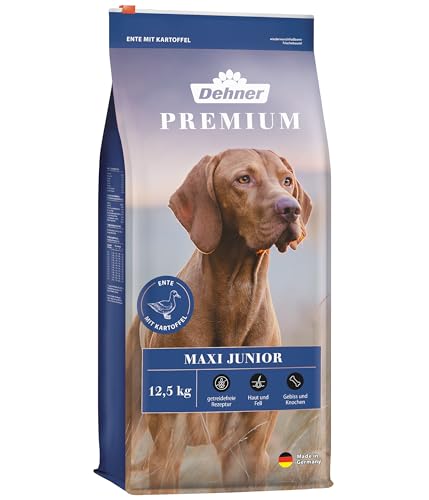 Dehner Premium Hundefutter Maxi Junior, Trockenfutter getreidefrei, für Welpen und junge Hunde großer Rassen, Ente / Lamm / Kartoffel, 12.5 kg