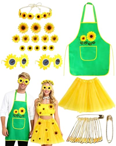 DAFNE Costume de tournesol de carnaval,Costume de jardinier pour femme et homme,deguisement fleur,Avec jupe tutu jaune,Tablier de jardinier,Accessoire de...