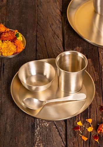 Image of Pure Kansa Dinner Set 4 Pieces | Bronze Thali Set 8 Inch Plate, 1 Bowl, 1 Glass, 1 Spoon | Handcrafted Ayurvedic Kansa Utensils | Matte Finish | Gift for Diwali Wedding Housewarming