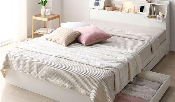 ベッド ダブル ベッドフレームのみ ホワイト フラップ扉 照明付 収納付