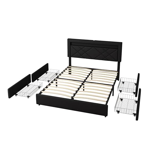 GOWE Moldura de cama queen size com luzes LED, estação de carregamento USB, moldura de cama de tinta