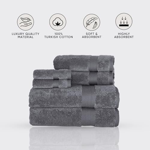 Classic Turkish Towels CTT - Luxury 6 Piece Towel Set, 100% Turkish Cotton, Quick Drying, Highly Absorbent & Comfy, Includes 2 Bath Towels, 2 Hand Towels & 2 Washcloths | (Grey) - Thumbnail 2