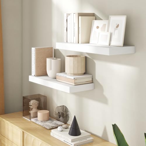 Image of 24 Inch Floating Shelves for Wall, 8 Inch Deep Floating Shelf for Storage & Display, Rustic Wall Mounted Shelf with Invisible Brackets for Living Room, Kitchen, Bathroom, Home Decor, Set of 2, White