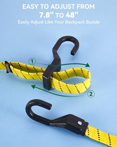 Image of 48 inch Flat Adjustable Bungee Cords with Hooks, 3X Faster to Adjust the Length | LUCKY STRAPS 6 Pack Black /Yellow Heavy Duty Bungee Straps for Cargo, Bike, Cart, Tent, Truck, Camping, Outdoor
