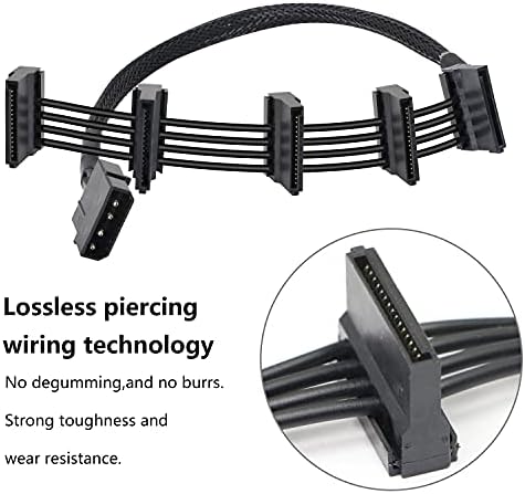 GELRHONR 4pin Molex to 15 Pin SATA Splitter Power Cable, LP4 to 5x15 Pin Right Angel SATA Power Conversion Line Black Braided Extension Cable for Hard Disk