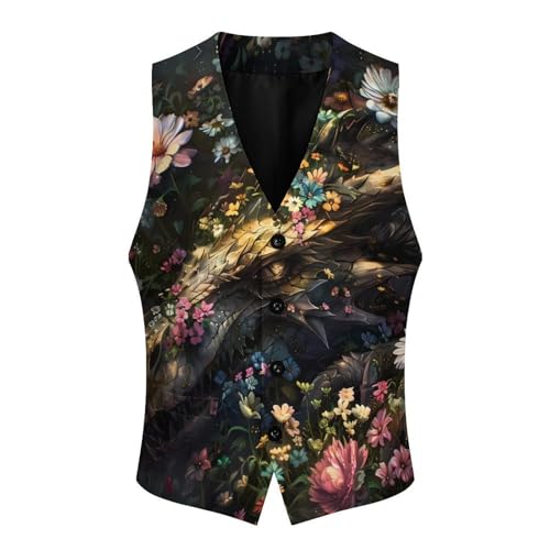 Dragon Gothic Floral Men's Suit Vests Business Formal Dress V-Neck Waistcoat Tops with 2 Pockets4