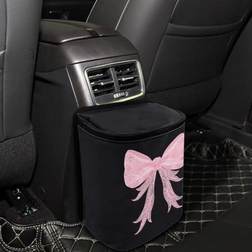 Image of Cute Bow Print Car Trash Can with Lid Organizer Multipurpose Trash Bin Decoration for Women Universal for Cars,Sedans, SUVs & Trucks