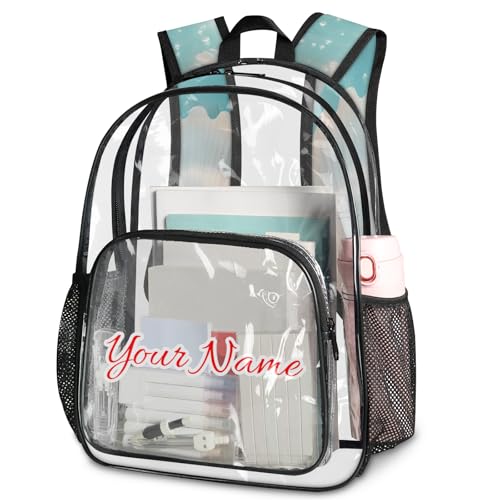 Personalized Large Clear Backpack Stadium Approved Heavy Duty PVC Plastic Custom Nautical Coastal Transparent Backpacks See Through Bag with Name, Ocean Beach Seashell