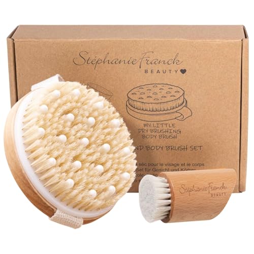 Stephanie Franck Beauty - Dry Body Brush & Face Set – Cepillado en Seco Cuerpo & Facial – Cepillo Seco Drenaje Linfático y Exfoliación Natural – Regalo de Navidad Bienestar Mujer