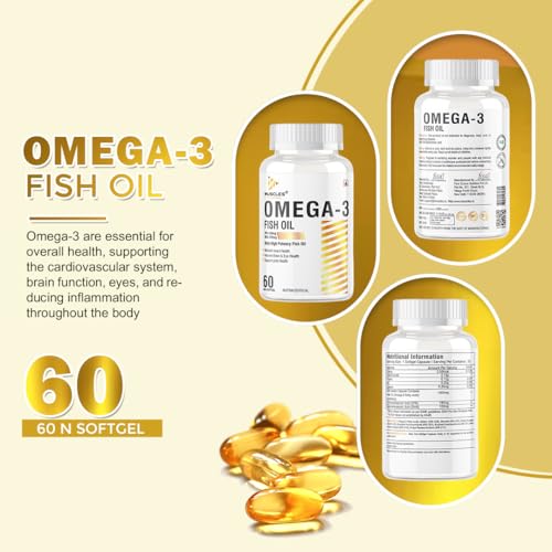 Omega-3 Fish Oil 60 Softgel Capsules for Brain, Heart, Eye & Joint Support | 180mg EPA & 120mg DHA | Unisex Health Supplement