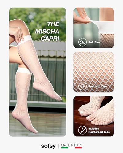 Image of sofsy Italian-Made Soft Fishnet Stockings for Women | 10-Year Hosiery Craftsmanship, Soft Dual Silicone Lace Top, Thigh Highs, Small Grid, Dig-Free, Stretchy