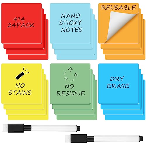 Crtiin 24 Pack Dry Erase Sticky Notes Reusable Whiteboard Stickers Washable Erasable Self...