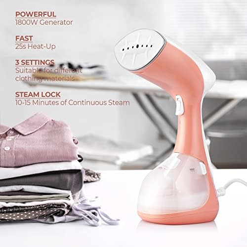 Clothes Steamer, 1800W Garment Steamer Clothing with 3 Steam Settings, Handheld Steamer Vertically and Horizontally, 25s Fast Heat-up, 250ml Detachable Water Tank, Pink