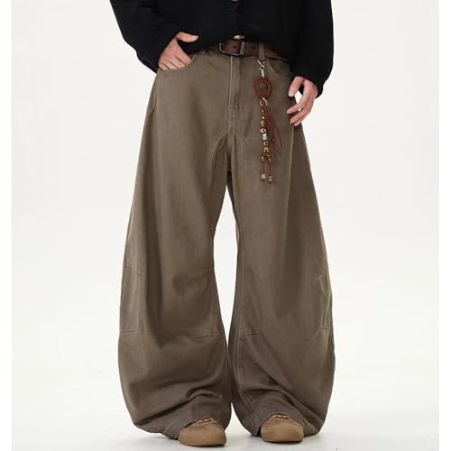 Barrel Jeans Men Brown Baggy Wide Leg Skater Denim Pants High Waist Streetwear Barrel Leg Bottoms Relaxed Loose with Pockets2