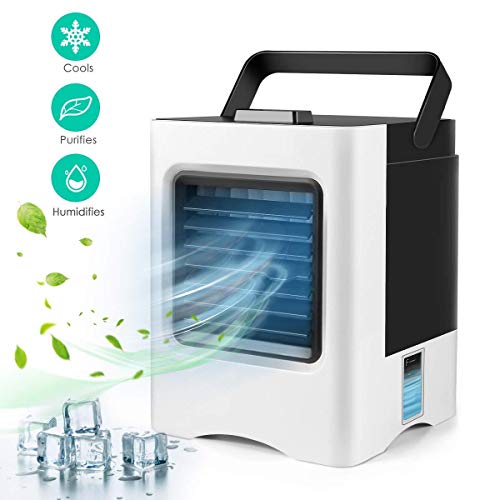 Mini Air Cooler, USB Portable Air Conditioner, 4 In 1 Personal Space Air Cooler, Purifier, Humidifier, Desktop Fan, with Led Light and Handle, Low Noise, Large Air Volume, Suitable For Home/Office