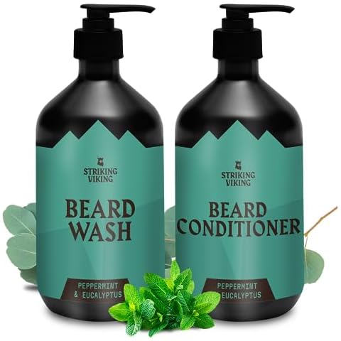 Striking Viking Beard Wash and Conditioner (Peppermint & Eucalyptus) - Paraben & Sulfate Free Beard Shampoo & Beard Conditioner For Men with Jojoba Oil - Care For All Beard Types (10oz Per Bottle) Cover