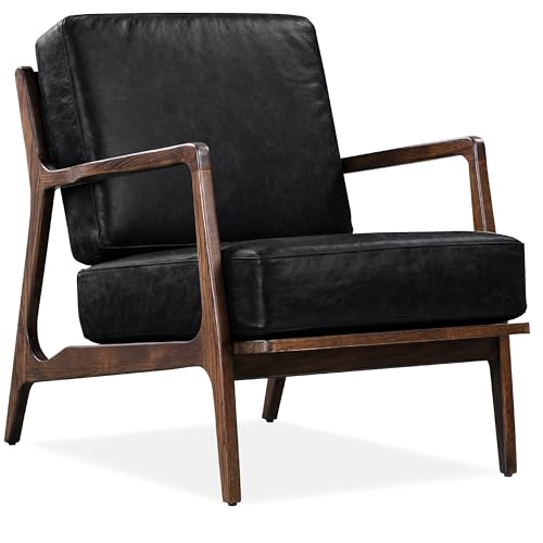 Image of Poly & BARK Verity Leather Accent Chair - Armchair with Walnut Wood Frame - Fashion-Forward Lounge Seating for Living Room - Upholstered in Onyx Black Leather for Modern Style