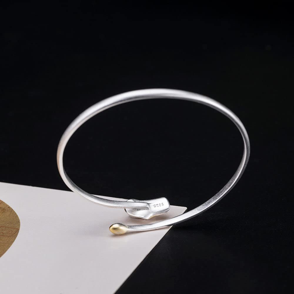 Bracelet Jonc Argent Femme,Bracelet en Argent Sterling Perle Feuille De Lotus Bracelet Manchette Ouvert Bracelets D'Amitié Cadeau Bijoux en Argent S925 pour Femme Petite Amie Femme