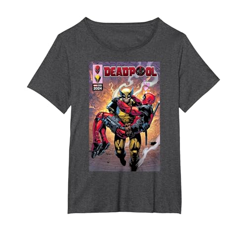 Marvel Deadpool & Wolverine Logan Carrying Wade Comic Cover T-Shirt, Women's Plus, Dark Heather Grey, 1X