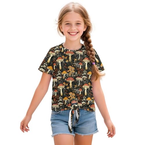 Girls Tie Knot Front Tops Breathable Short Sleeves Crewneck T-Shirts for Tourism Atheletic Age 5-12 Years