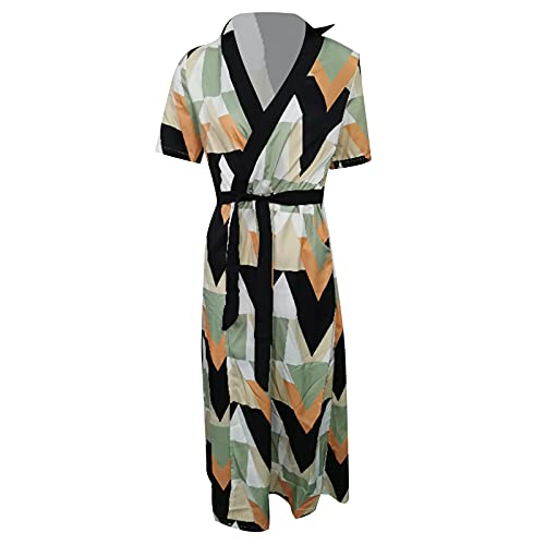 Lucktop Vestidos femininos casuais manga curta decote em V estampado maxi vestidos cinto boho maxi v