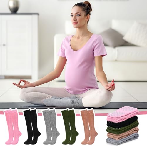 Image of Jeyiour 5 Pairs Grip Pilates Socks for Women Non Slip Barre Yoga Slouch Socks for Athletic Ballet Dance Workout Hospital