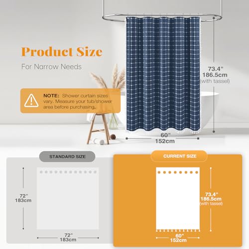 Image of BTTN 60 Inch Stall Shower Curtain - Boho Farmhouse Linen Thick Fabric Cloth Shower Curtain Set with 10 Plastic Hooks, Narrow Bohemian Country Decorative Shower Curtain for Bathroom - 60x72 - Navy Blue