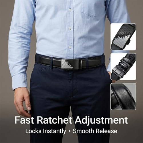 Image of JINIU Men's Ratchet Belt Buckle, Black Genuine Leather Slide Belt for Men Dress Suit, Micro Adjustable Trim to Fit Boxed