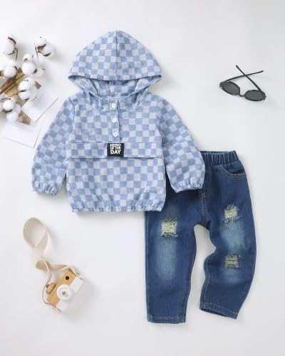 Image of Toddler Boy Clothes Baby Boy Outfit Letter Prints Hoodies Top Ripped Jeans Cute Boys Clothing Set Fall Winter